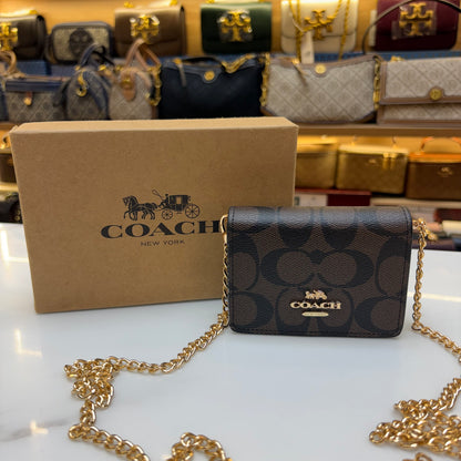 Coch Mini Wallet On A Chain In Signature Gold Walnut Black (Wristlet)
