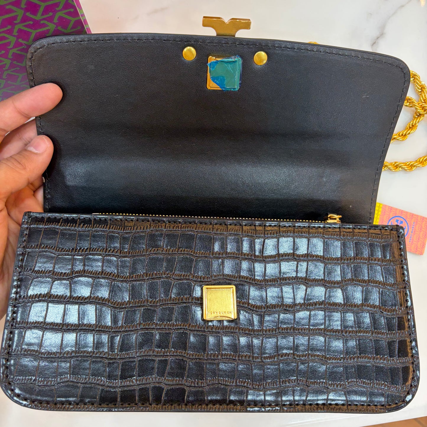 TB Eleanor Medium Croc Embossed Bag - Black