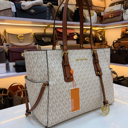 MK Voyager Large Tote Bag - White & Tan