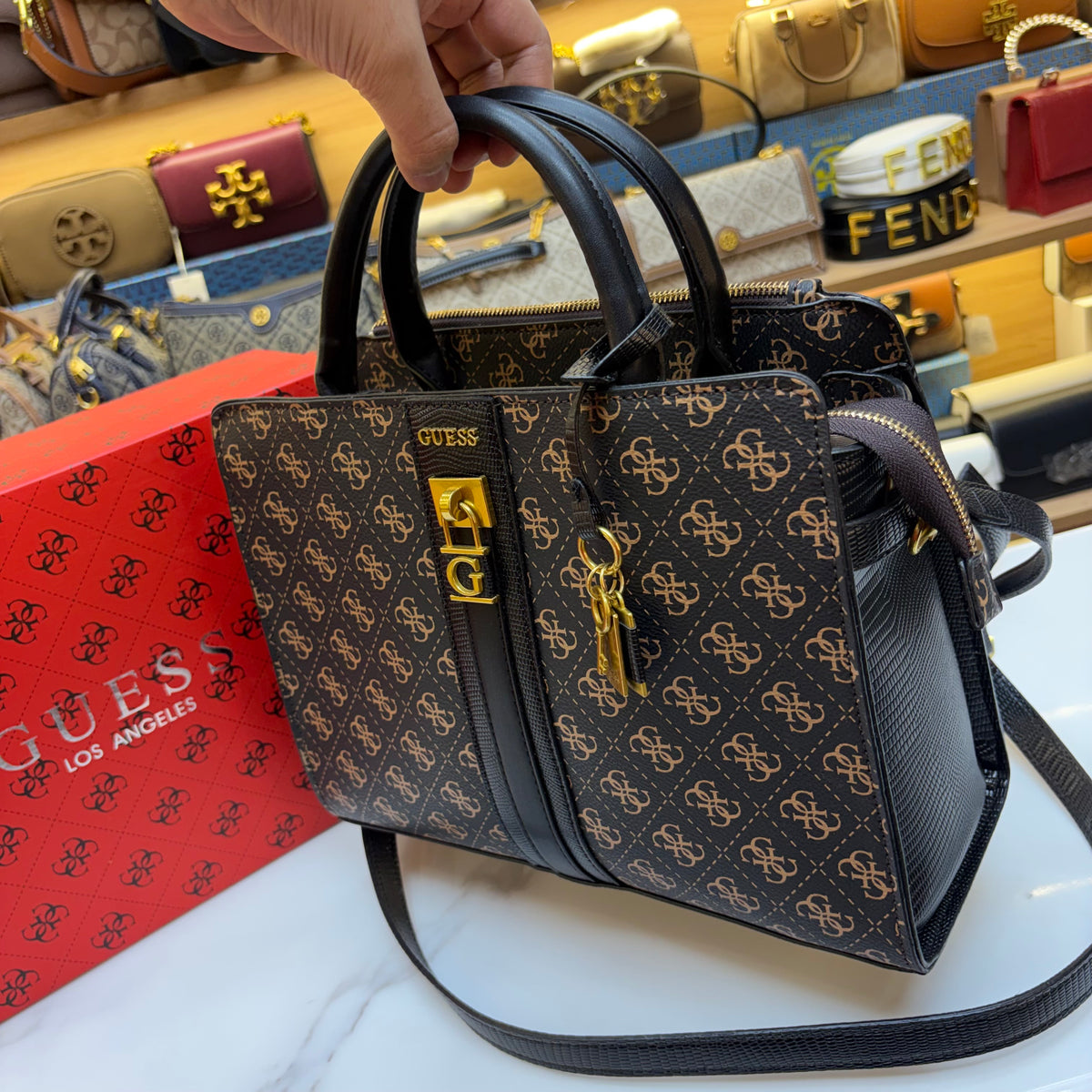 Guess Ginevra Elite Satchel - Dark Monogram Print