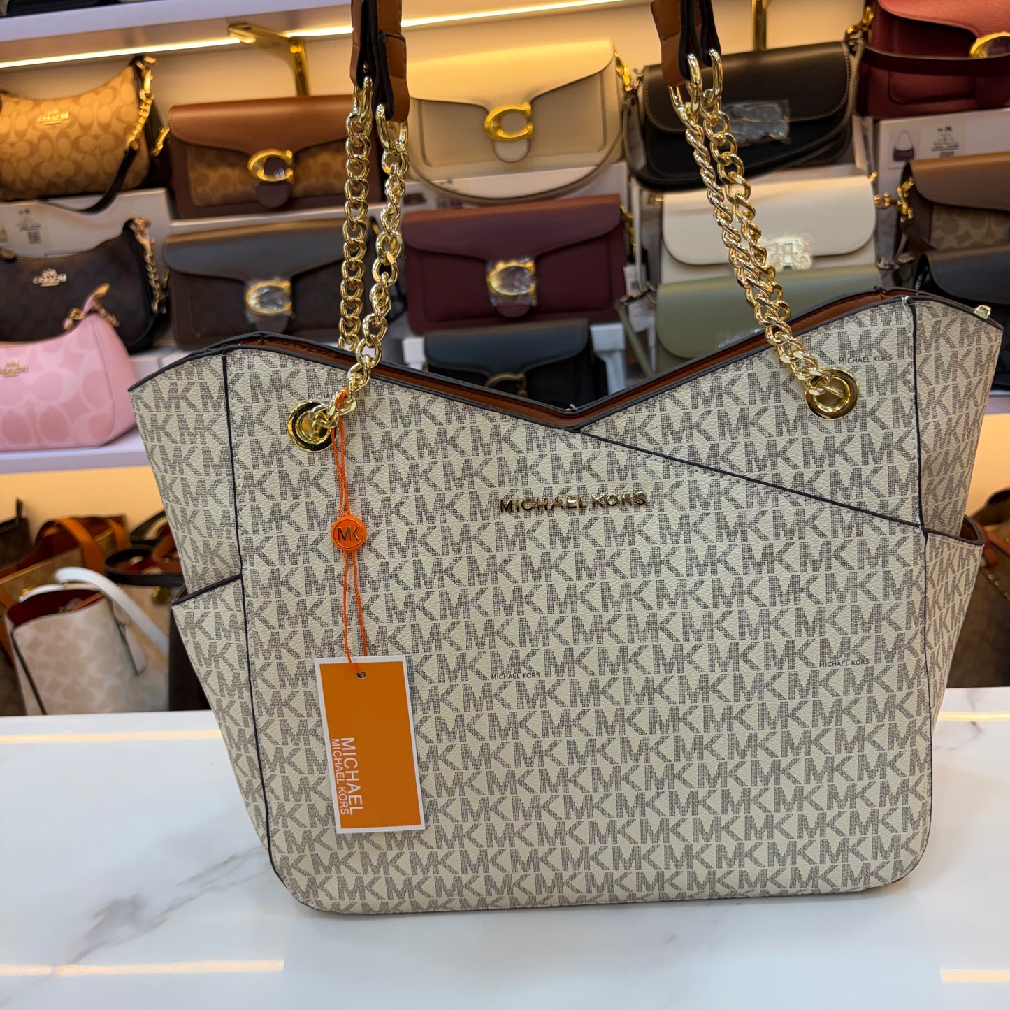 MK Jet Set Travel Tote Bag - Tan White