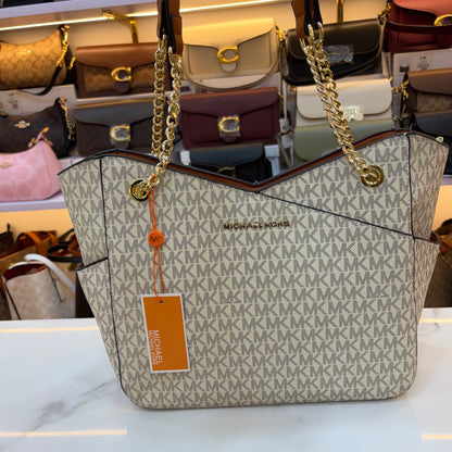 MK Jet Set Travel Tote Bag - Tan White