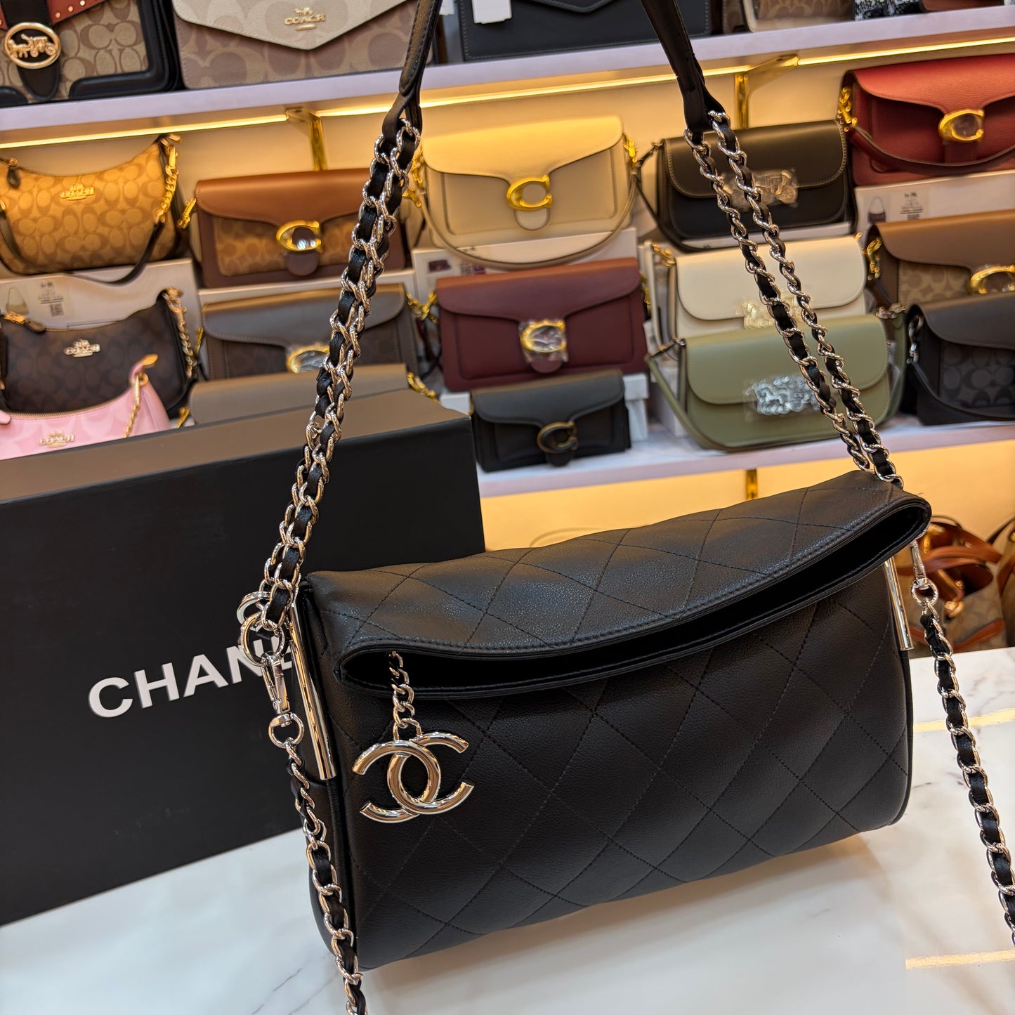 CHNL Matelasse Quilted Leather Shoulder Bag - Black