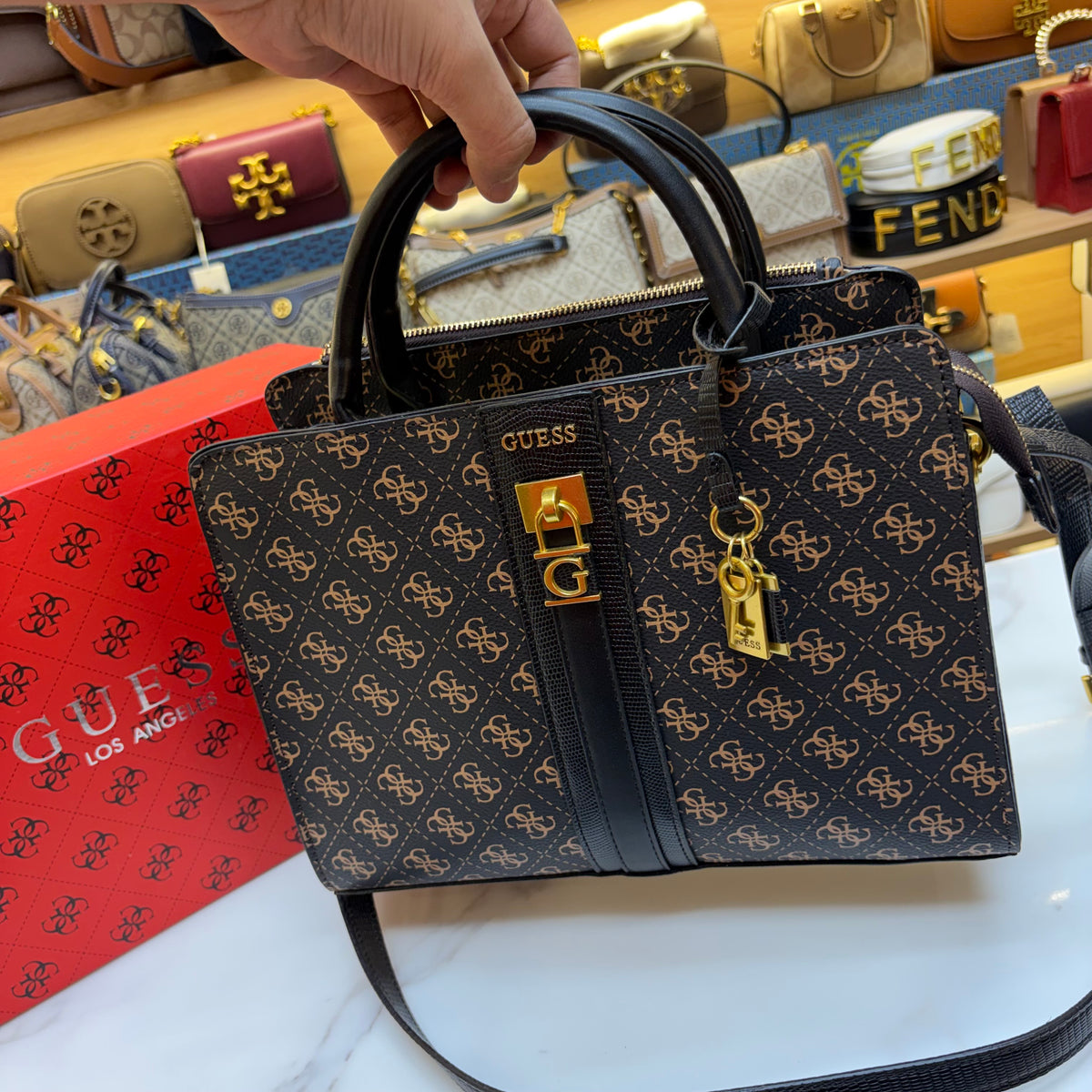 Guess Ginevra Elite Satchel - Dark Monogram Print