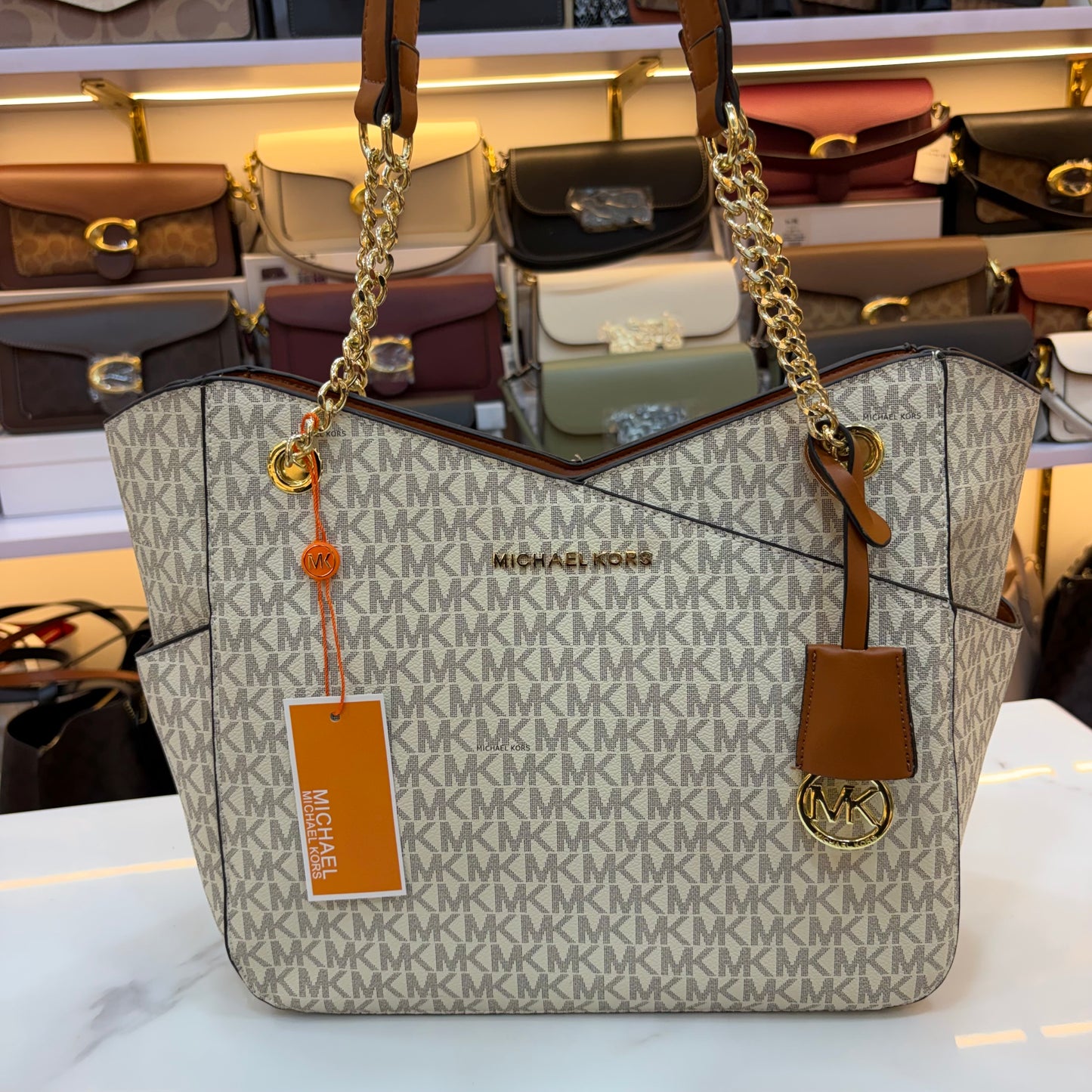MK Jet Set Travel Tote Bag - Tan White