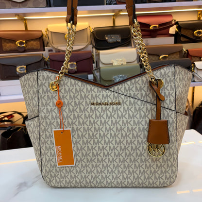 MK Jet Set Travel Tote Bag - Tan White