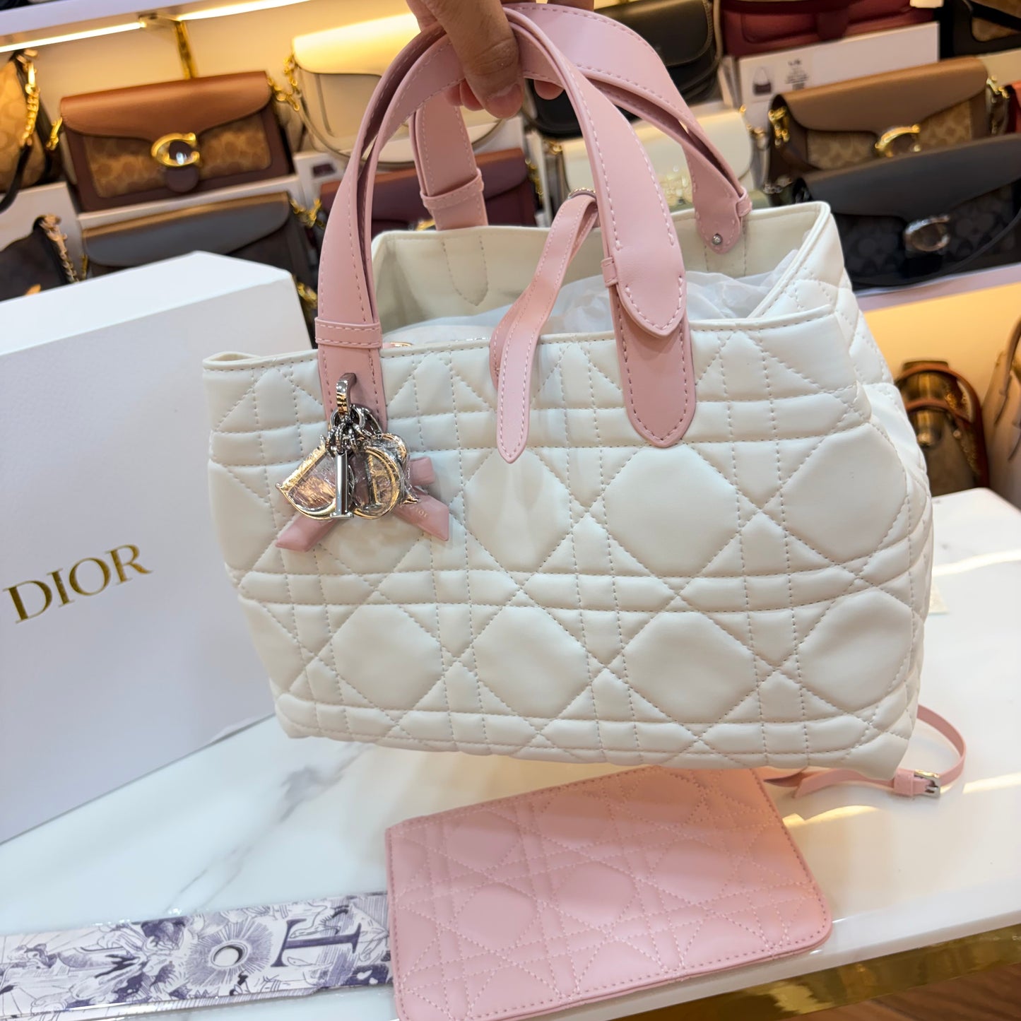 CD Toujours Vertical Tote Bag - White & Pink