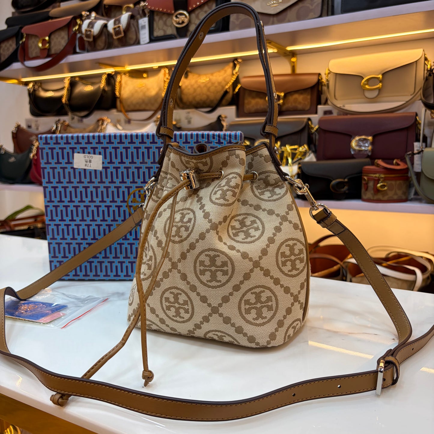 TB T Monogram Jacquard Bucket Bag - Cream Monogram Pattern