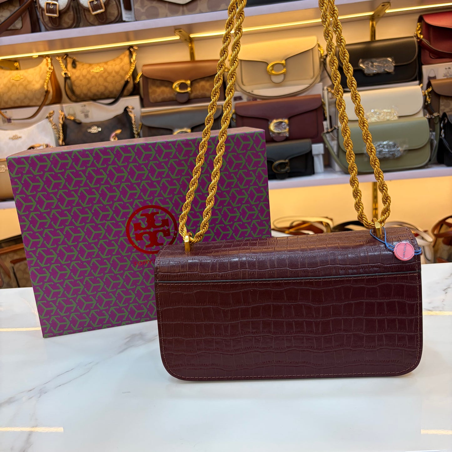 TB Eleanor Medium Croc Embossed Bag - Wine