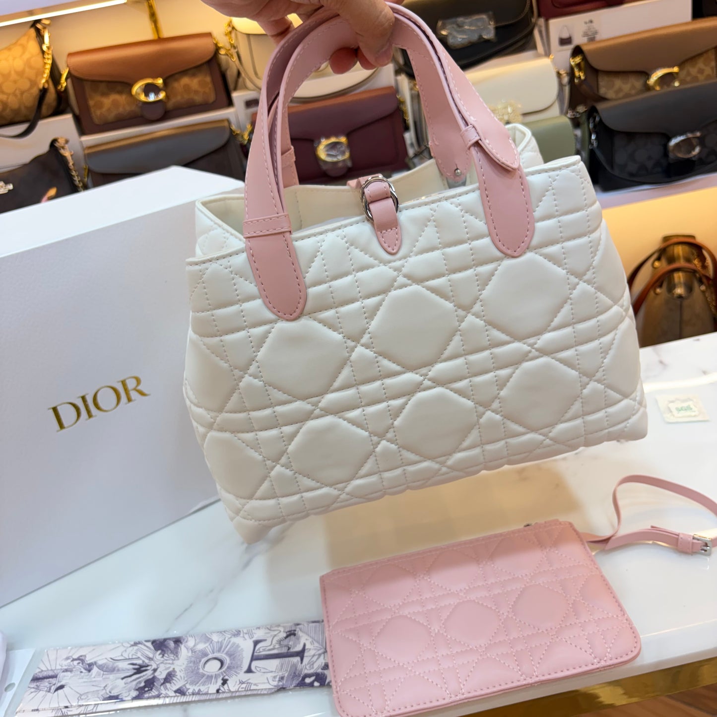 CD Toujours Vertical Tote Bag - White & Pink
