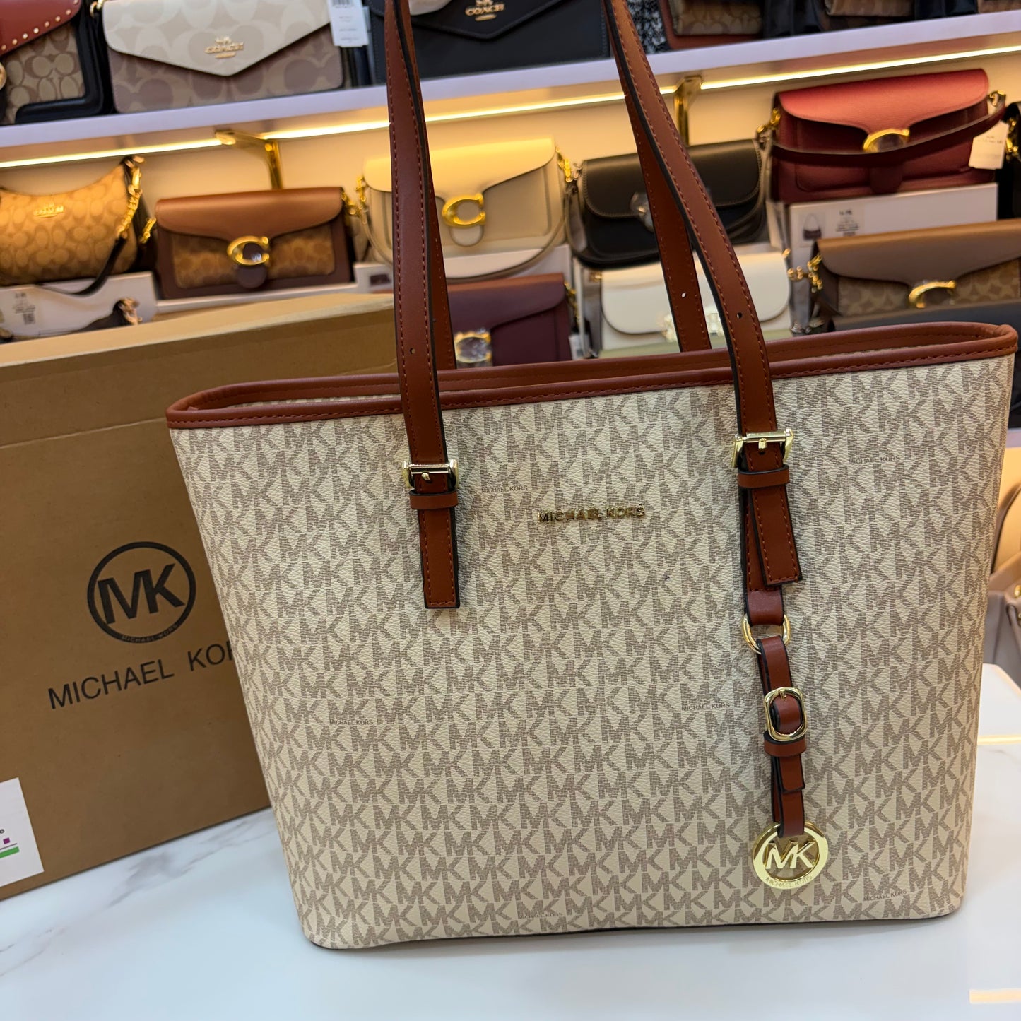 MK Quinn Full Size Top Zip Tote Bag - Tan White