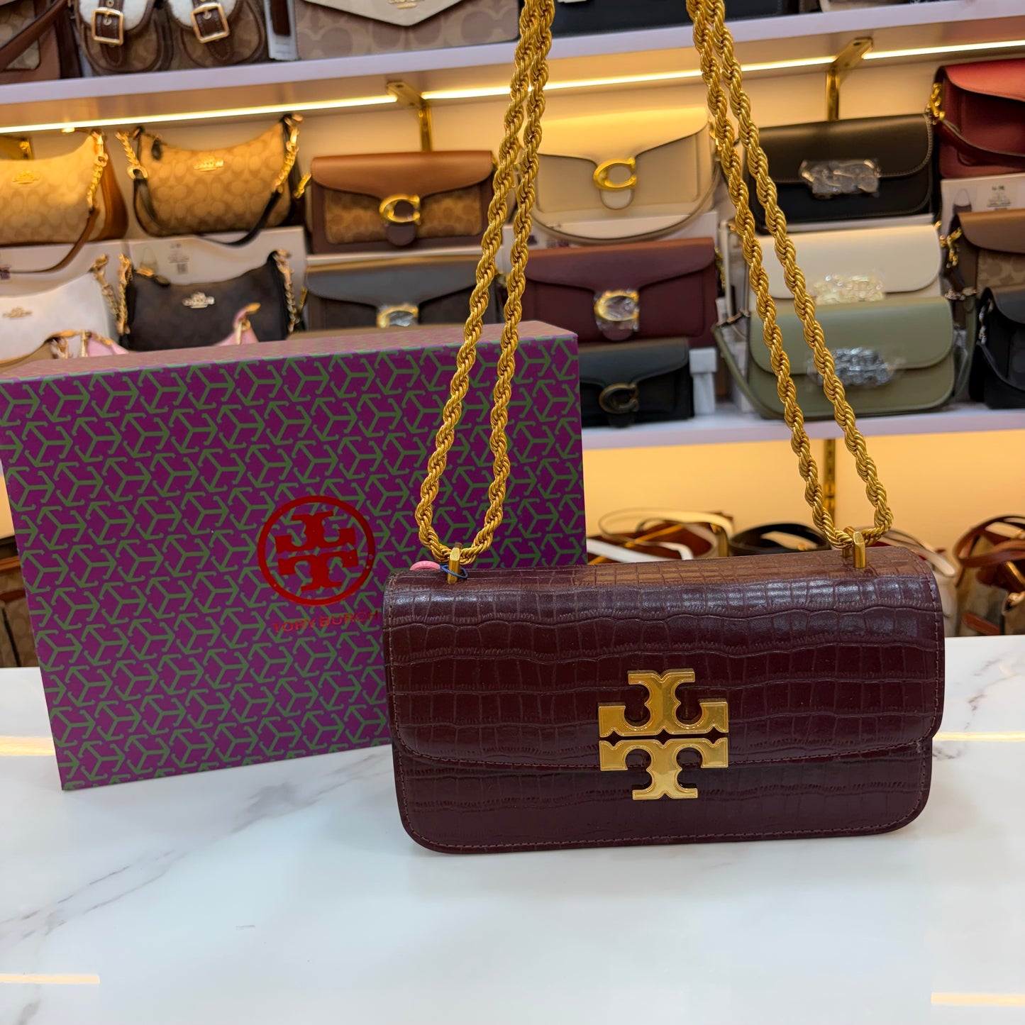 TB Eleanor Medium Croc Embossed Bag - Wine