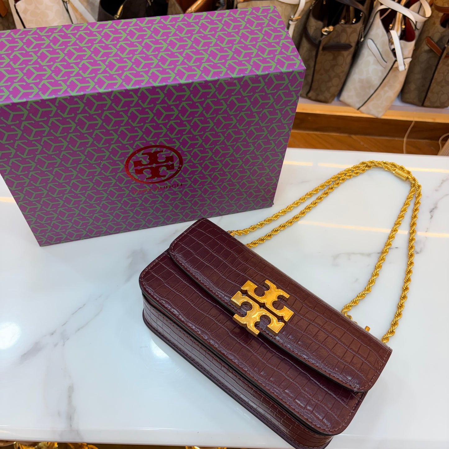 TB Eleanor Medium Croc Embossed Bag - Wine