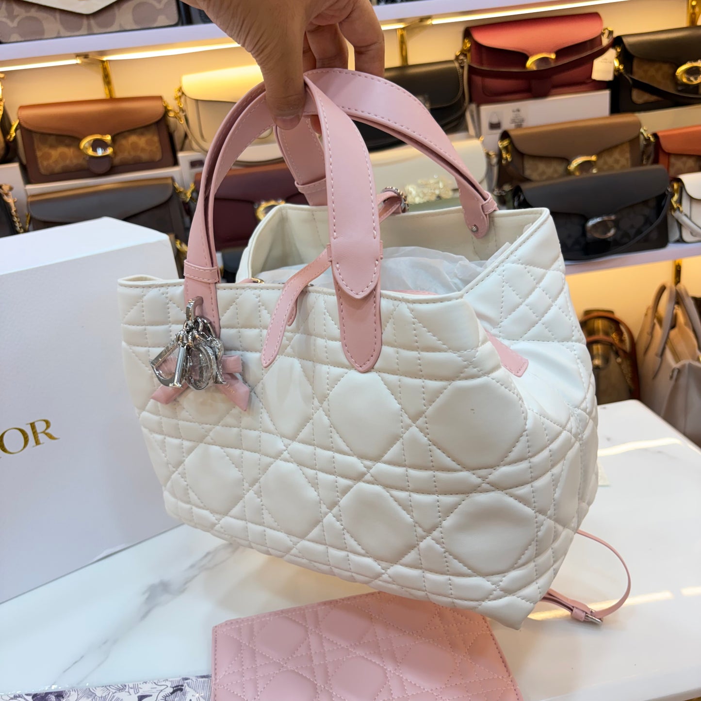 CD Toujours Vertical Tote Bag - White & Pink