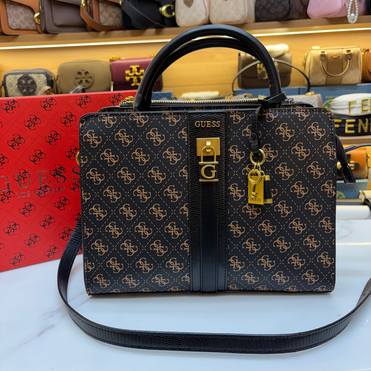 Guess Ginevra Elite Satchel - Dark Monogram Print