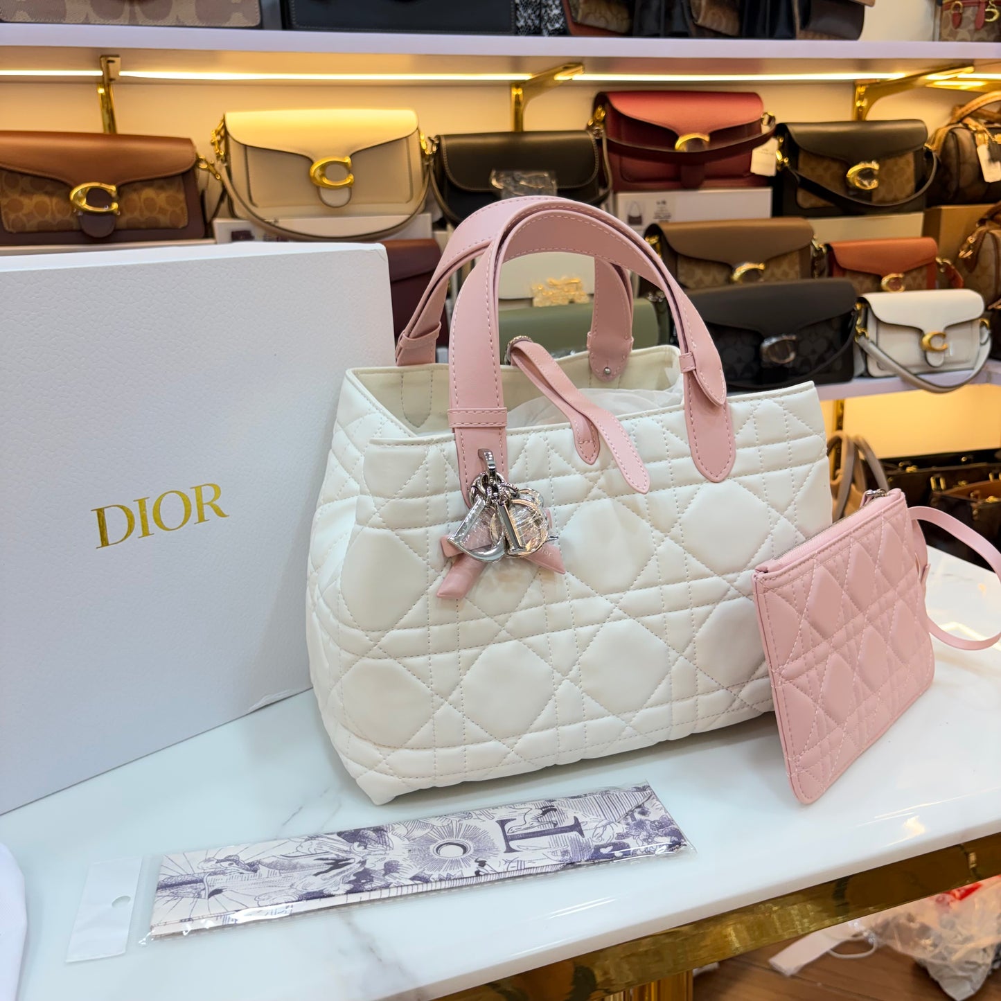 CD Toujours Vertical Tote Bag - White & Pink