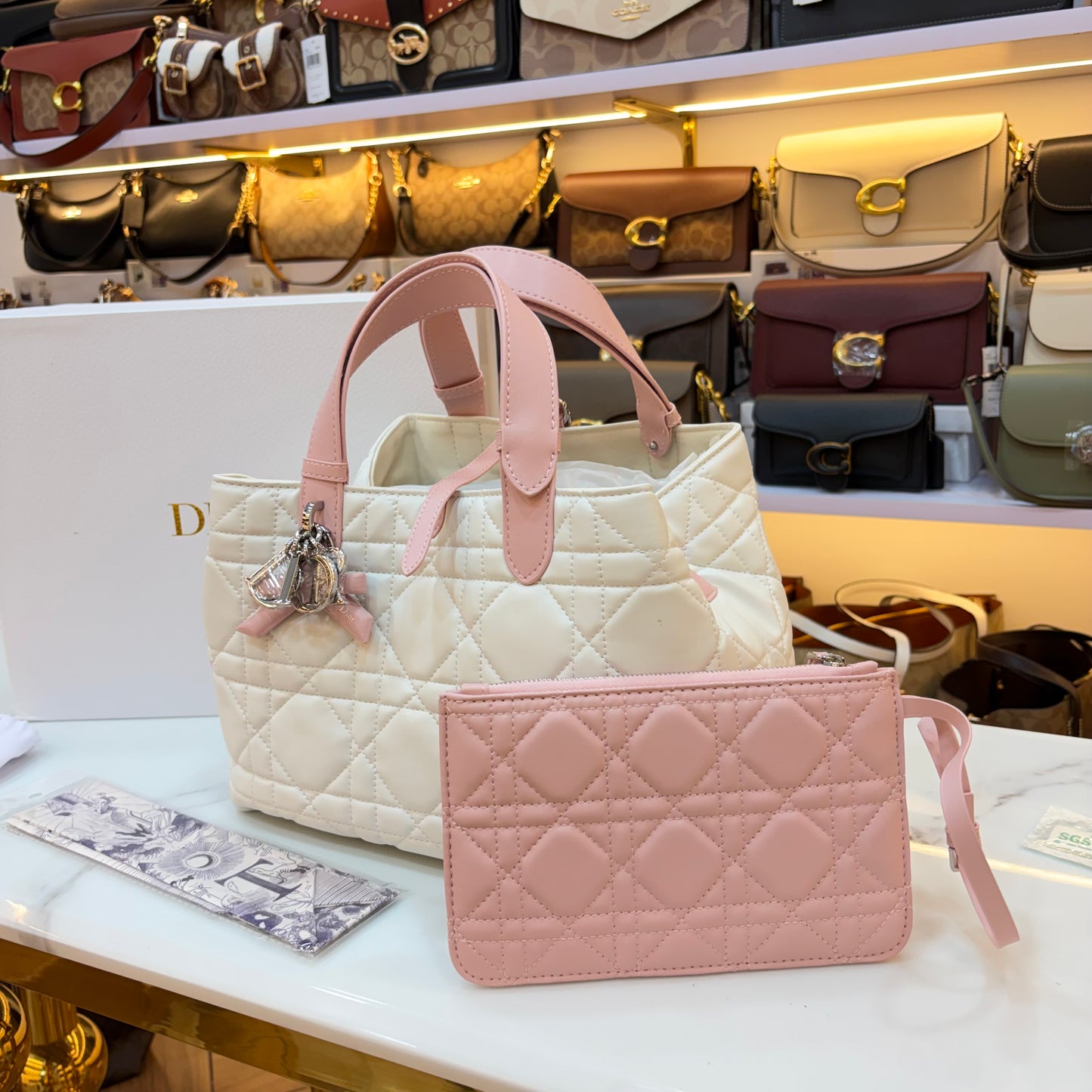 CD Toujours Vertical Tote Bag - White & Pink