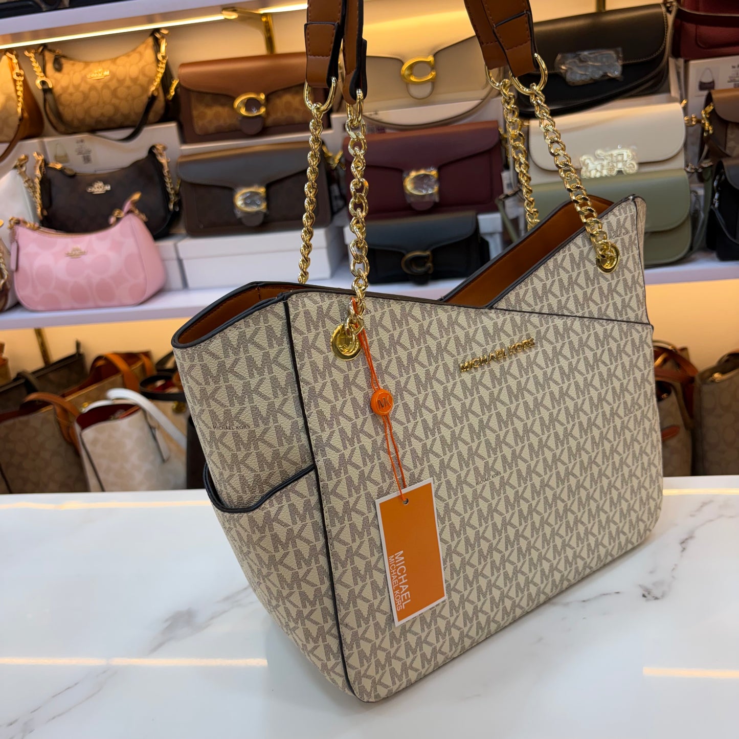 MK Jet Set Travel Tote Bag - Tan White