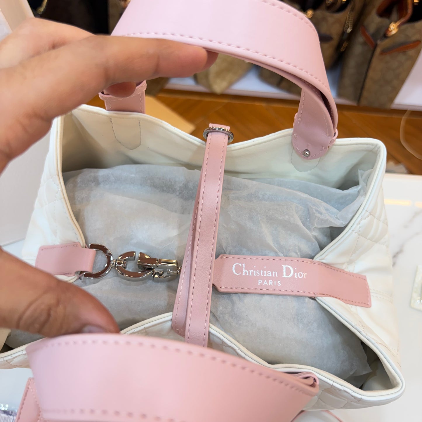 CD Toujours Vertical Tote Bag - White & Pink