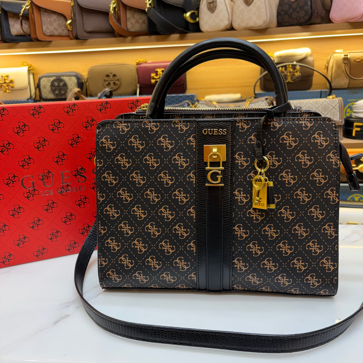 Guess Ginevra Elite Satchel - Dark Monogram Print