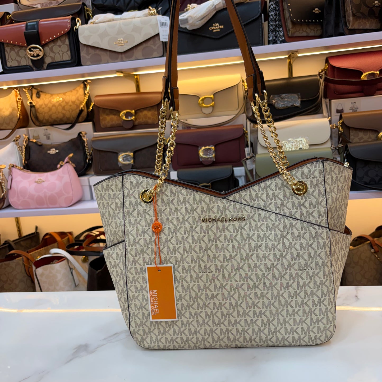 MK Jet Set Travel Tote Bag - Tan White