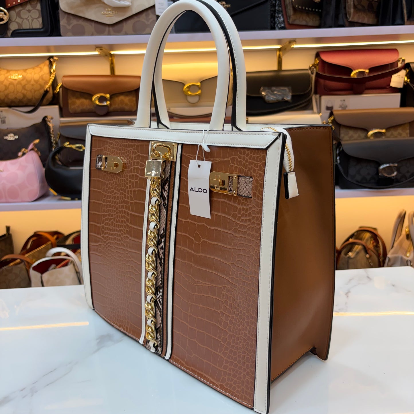 ALD Women Satchel Bag with Square Shape - Brown & White