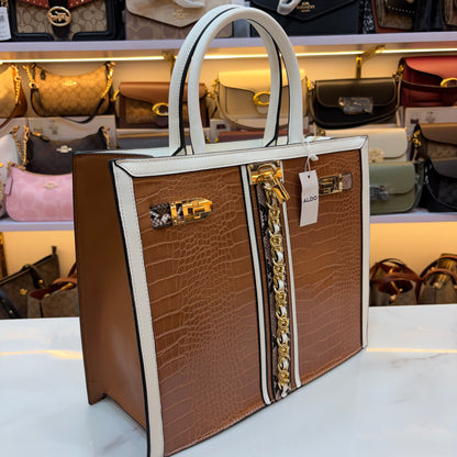 ALD Women Satchel Bag with Square Shape - Brown & White