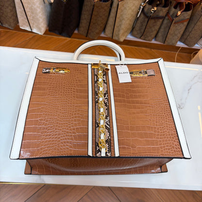 ALD Women Satchel Bag with Square Shape - Brown & White
