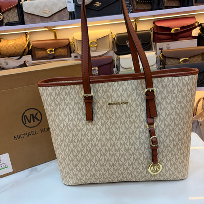 MK Quinn Full Size Top Zip Tote Bag - Tan White