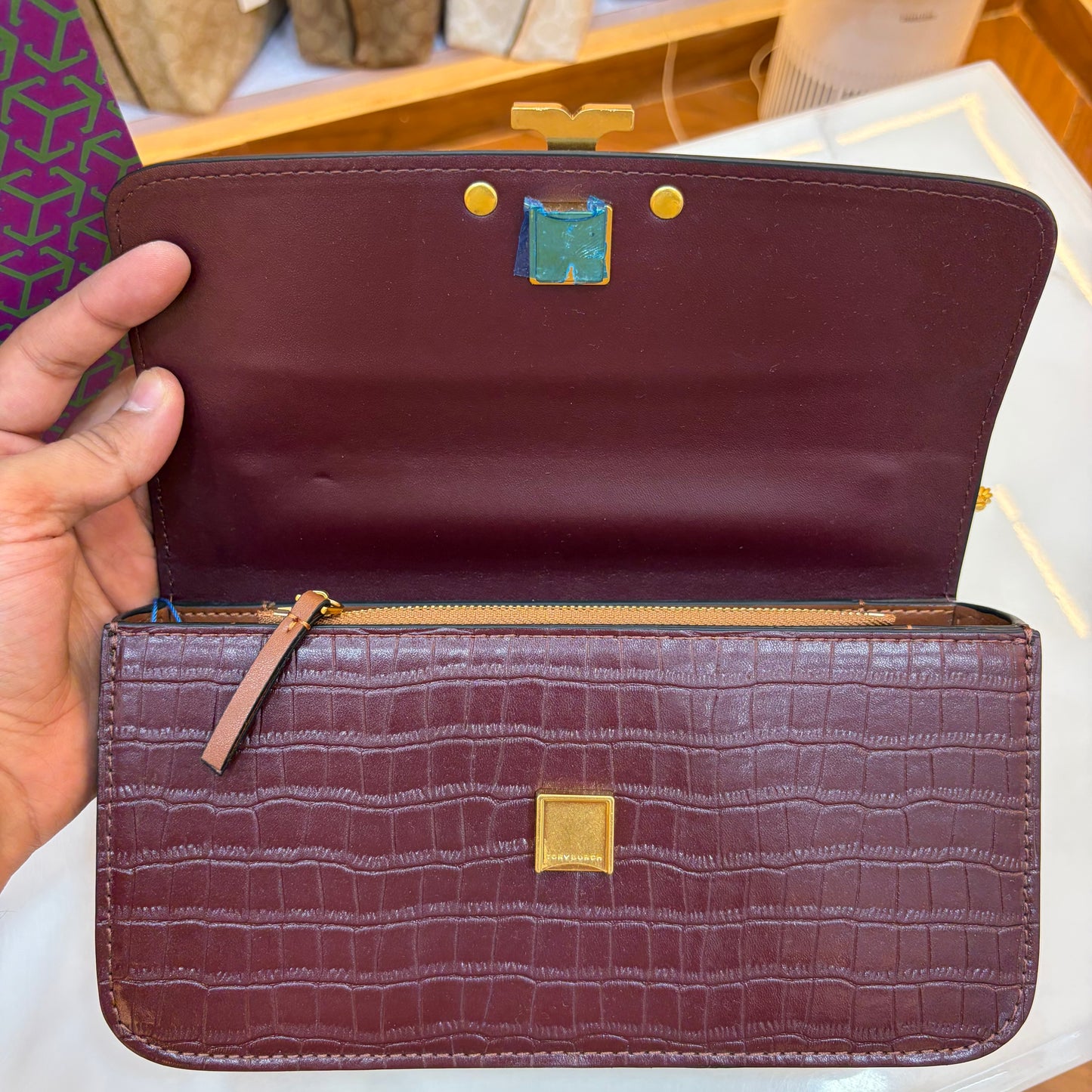 TB Eleanor Medium Croc Embossed Bag - Wine