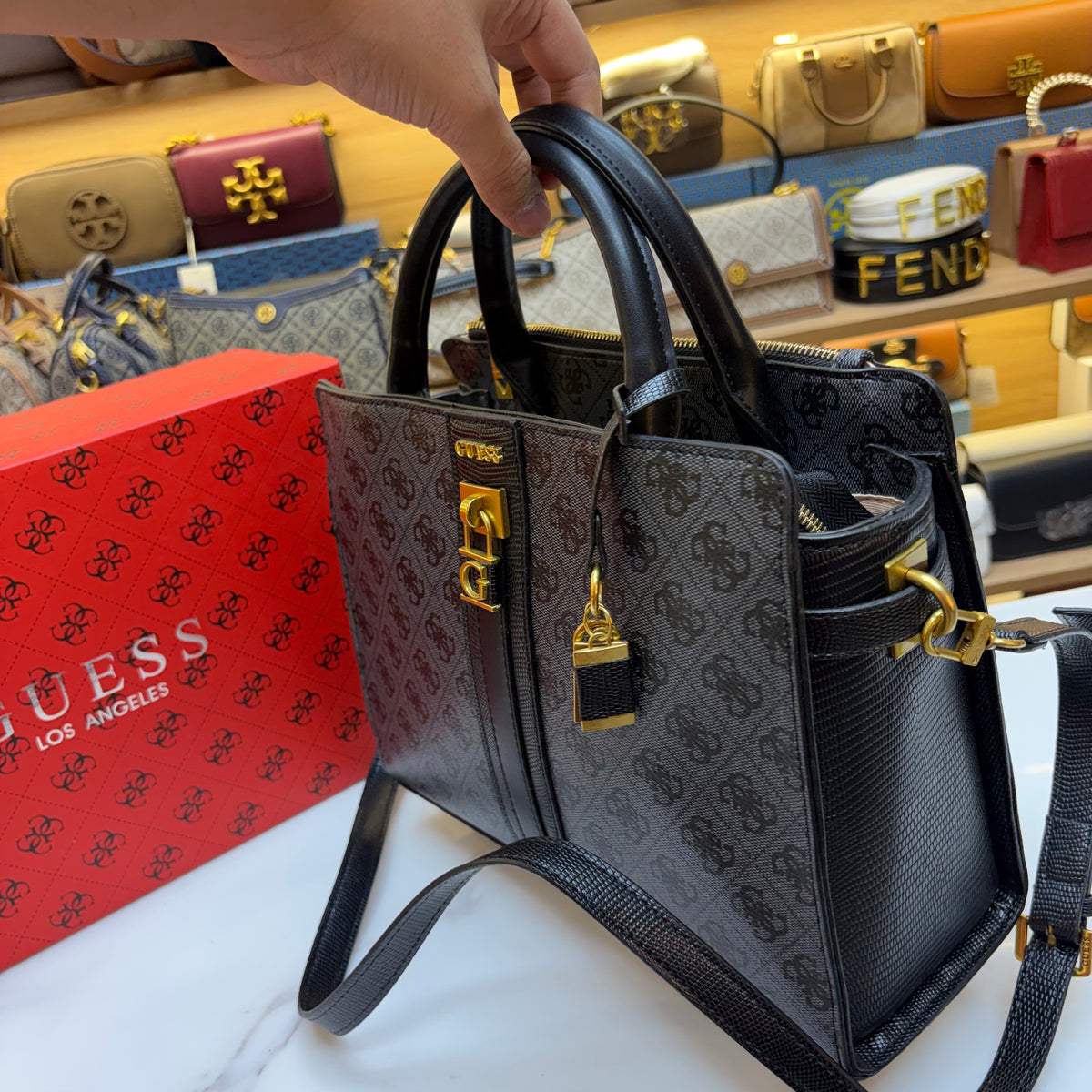 Guess Ginevra Elite Satchel - Black Monogram Print