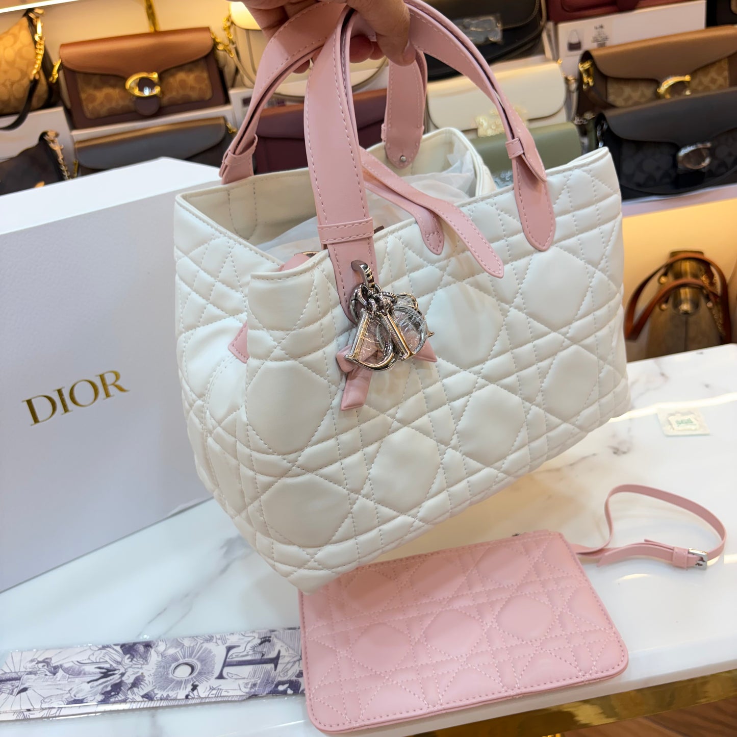 CD Toujours Vertical Tote Bag - White & Pink