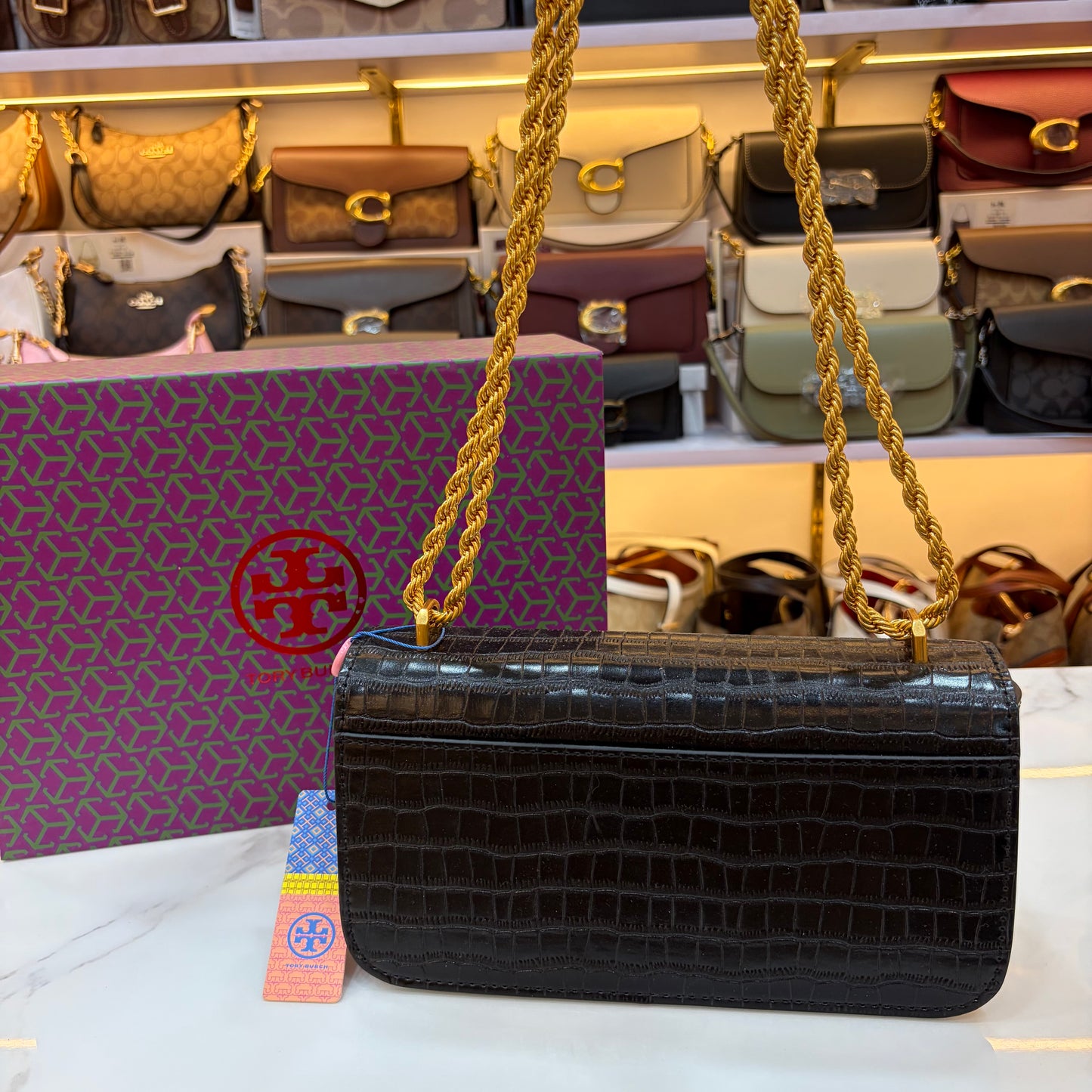 TB Eleanor Medium Croc Embossed Bag - Black