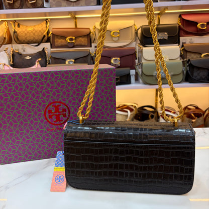 TB Eleanor Medium Croc Embossed Bag - Black
