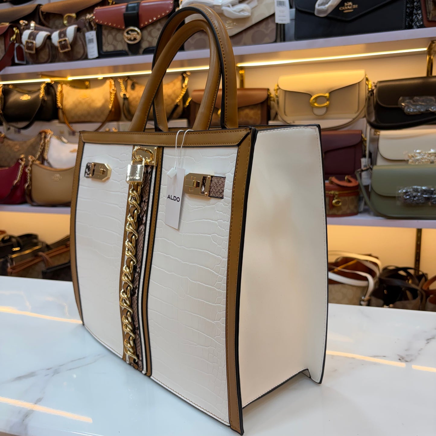 ALD Women Satchel Bag with Square Shape - White & Beige