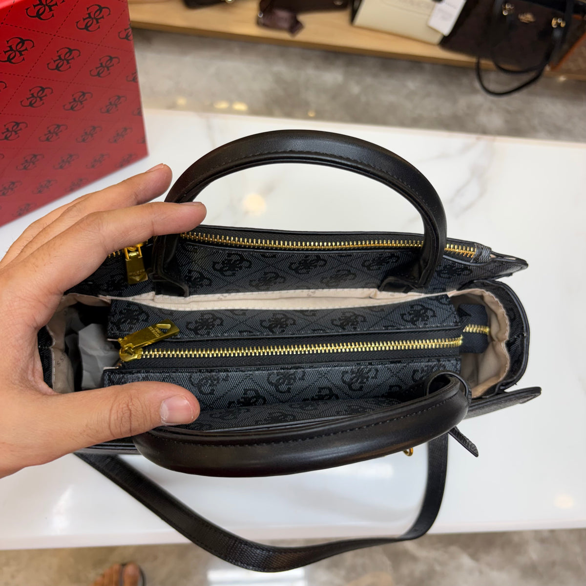 Guess Ginevra Elite Satchel - Black Monogram Print