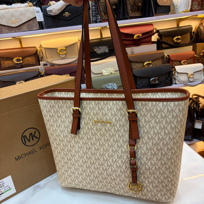 MK Quinn Full Size Top Zip Tote Bag - Tan White