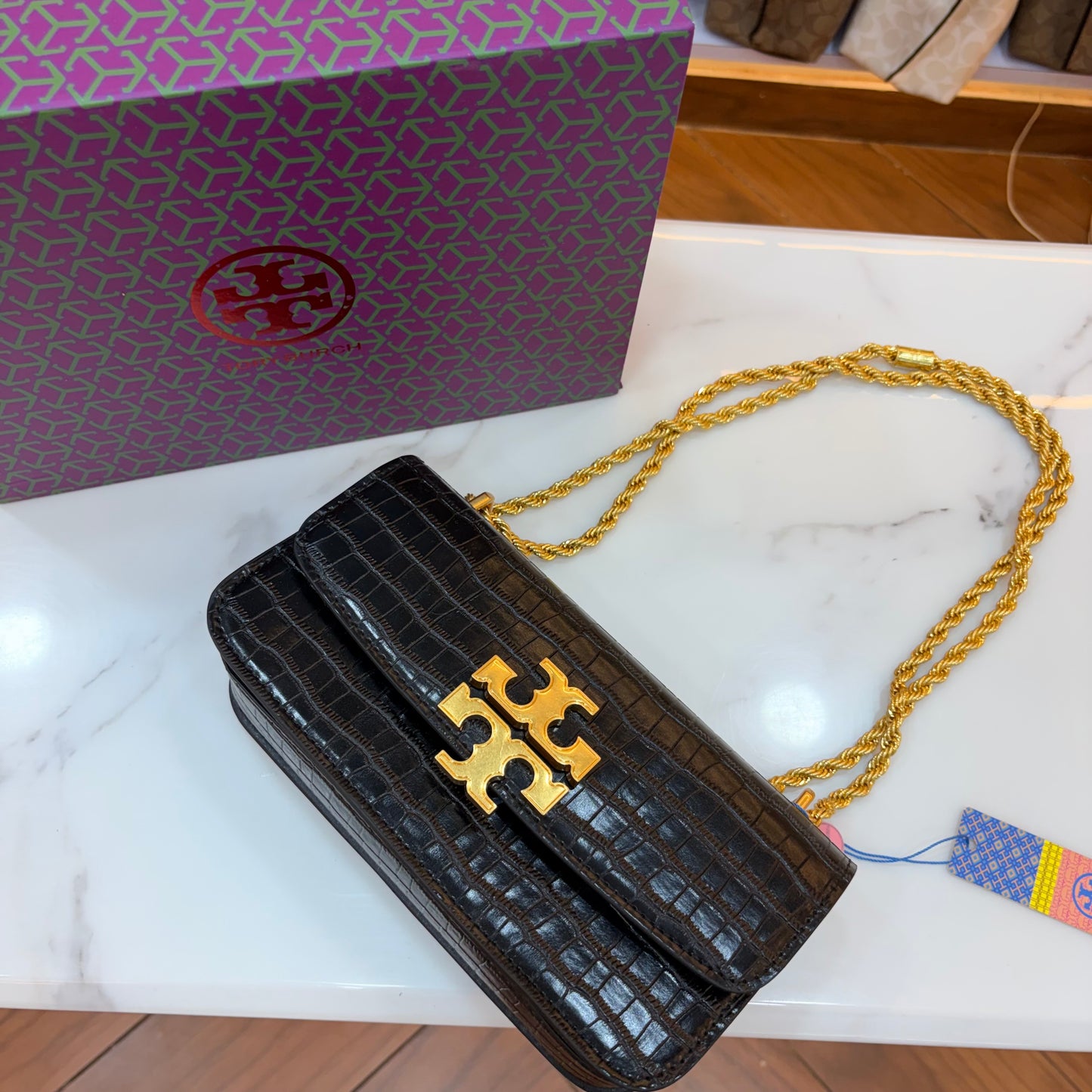 TB Eleanor Medium Croc Embossed Bag - Black