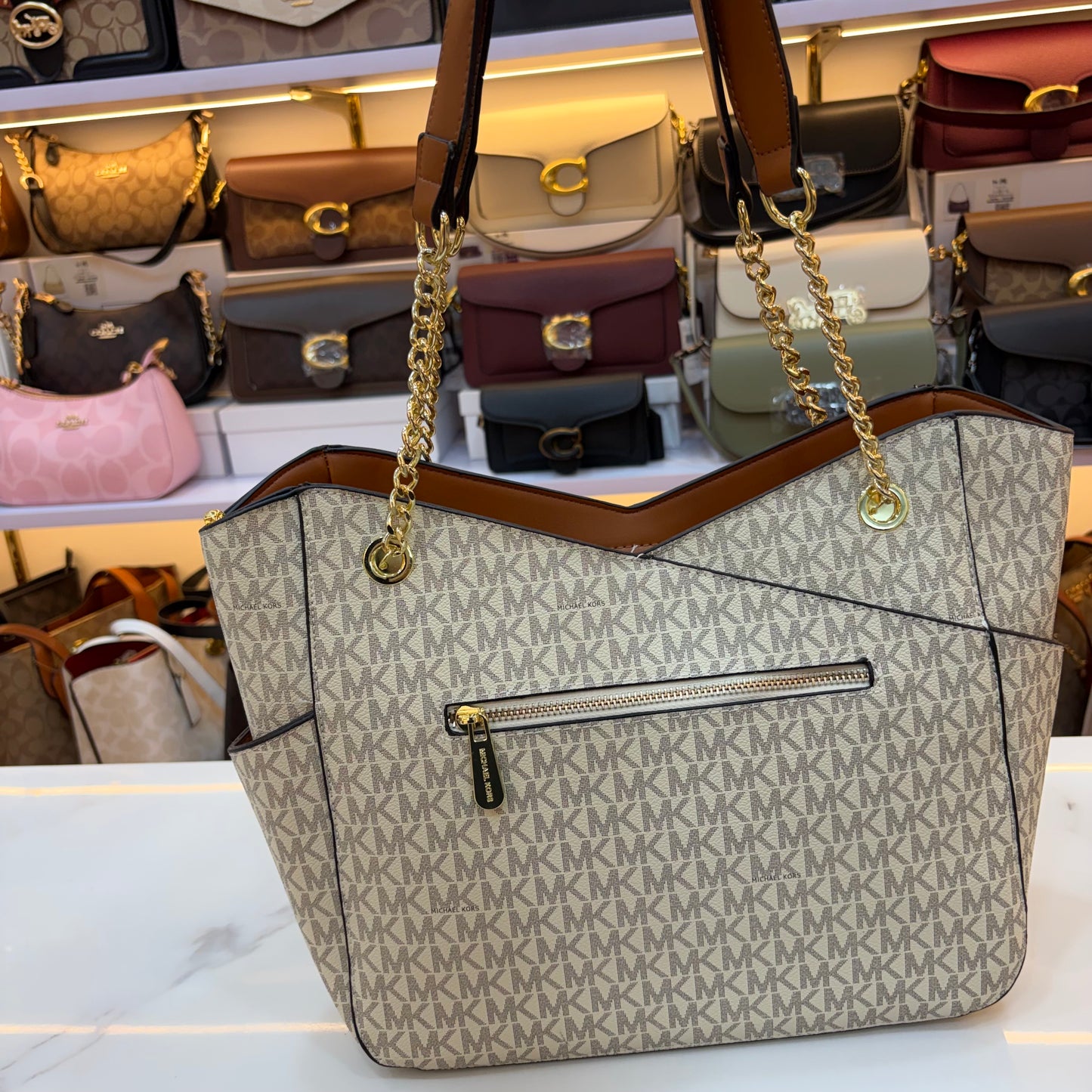 MK Jet Set Travel Tote Bag - Tan White