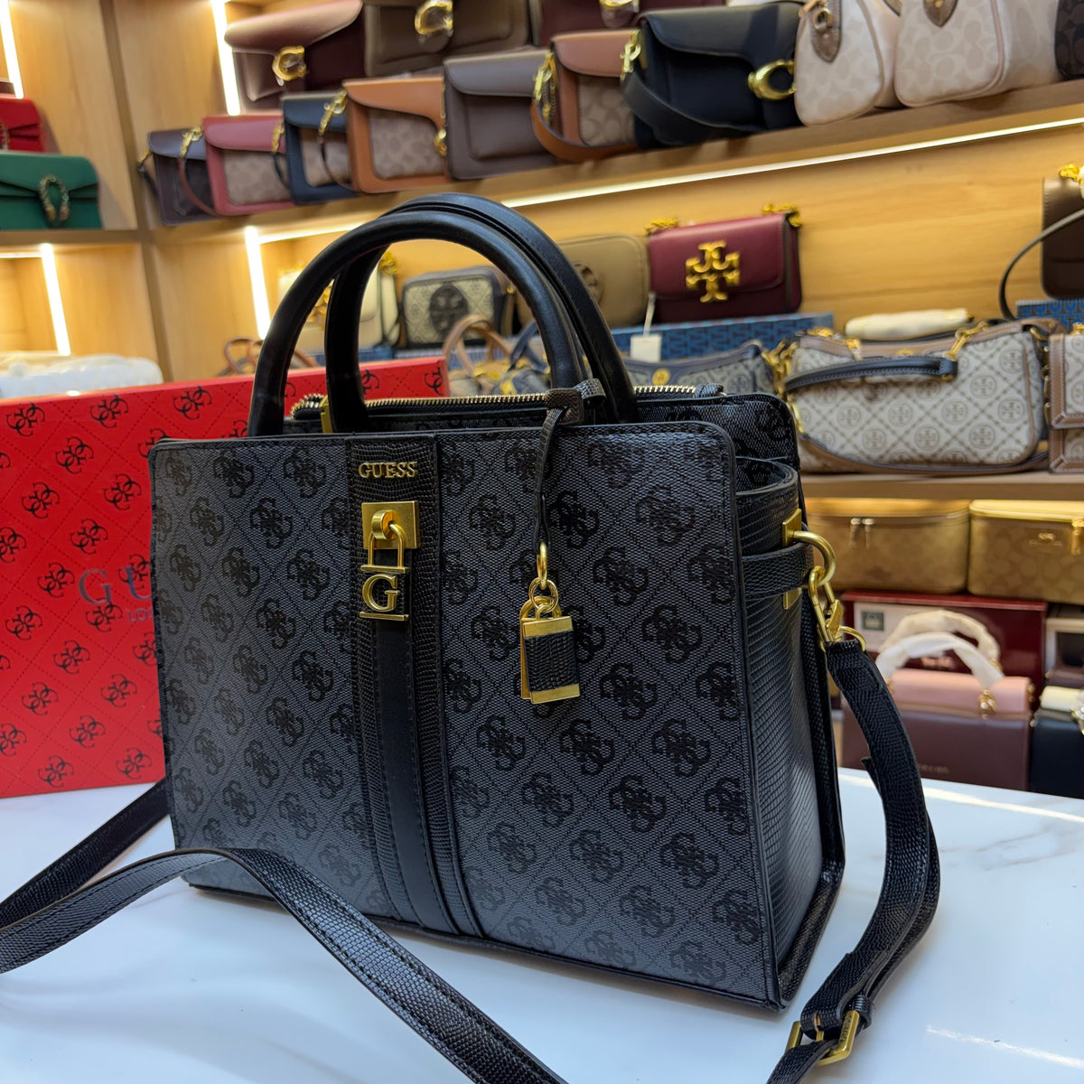 Guess Ginevra Elite Satchel - Black Monogram Print