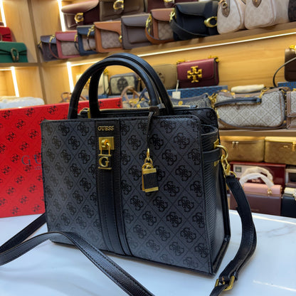 Guess Ginevra Elite Satchel - Black Monogram Print