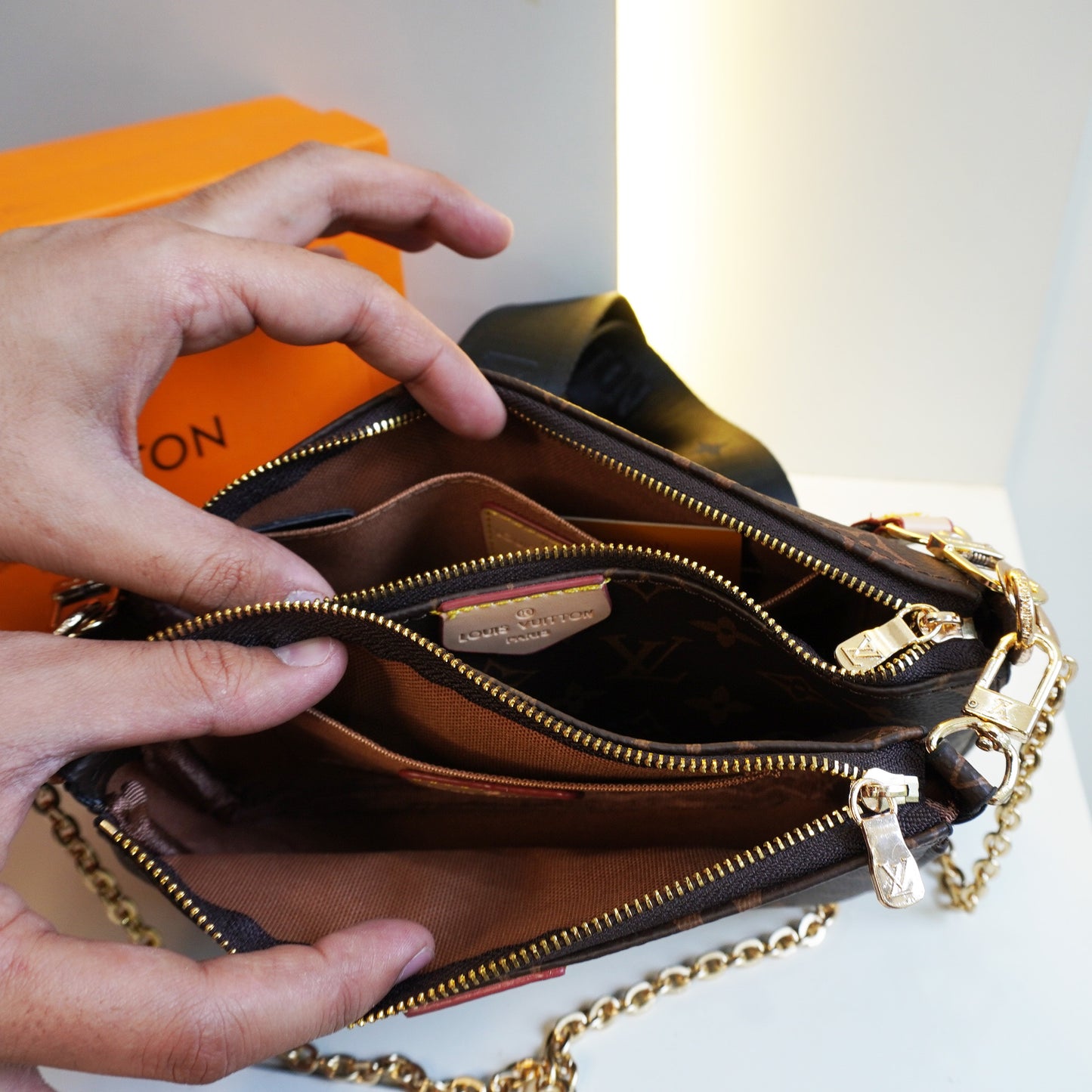 LV05 Pochette 3 Compartment Sling Bag - Coffee belt