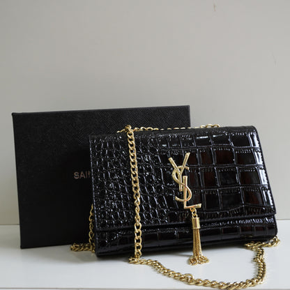 YS02 Glossy Black Croc-Embossed Chain Bag - Black