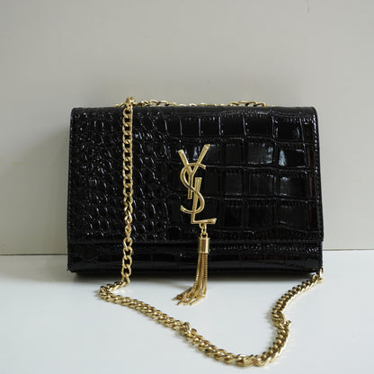 YS02 Glossy Black Croc-Embossed Chain Bag - Black
