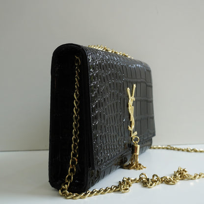 YS02 Glossy Black Croc-Embossed Chain Bag - Black