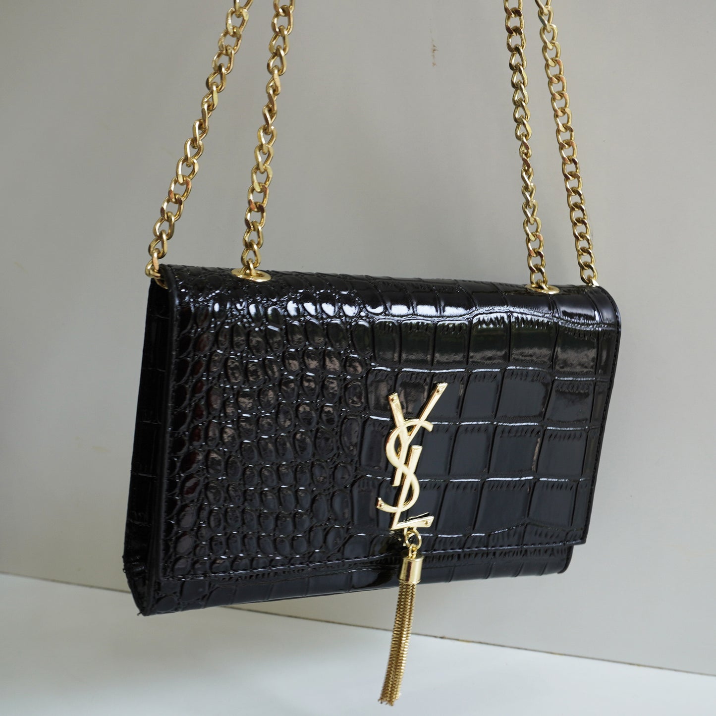 YS02 Glossy Black Croc-Embossed Chain Bag - Black