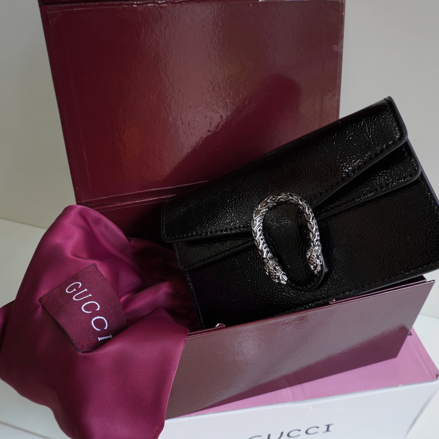 GG01 - Glossy Mini Chain Bag with Sculpted Buckle - Black