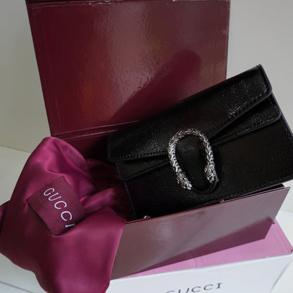 GG01 - Glossy Mini Chain Bag with Sculpted Buckle - Black