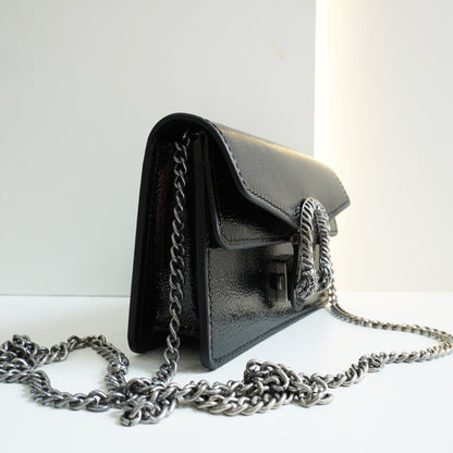 GG01 - Glossy Mini Chain Bag with Sculpted Buckle - Black