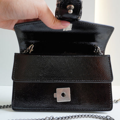 GG01 - Glossy Mini Chain Bag with Sculpted Buckle - Black
